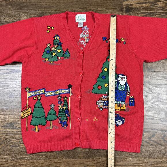 Quacker Factory Sweater Womens Large Red Christmas Tree Santa Cardigan Ugly - Picture 8 of 11